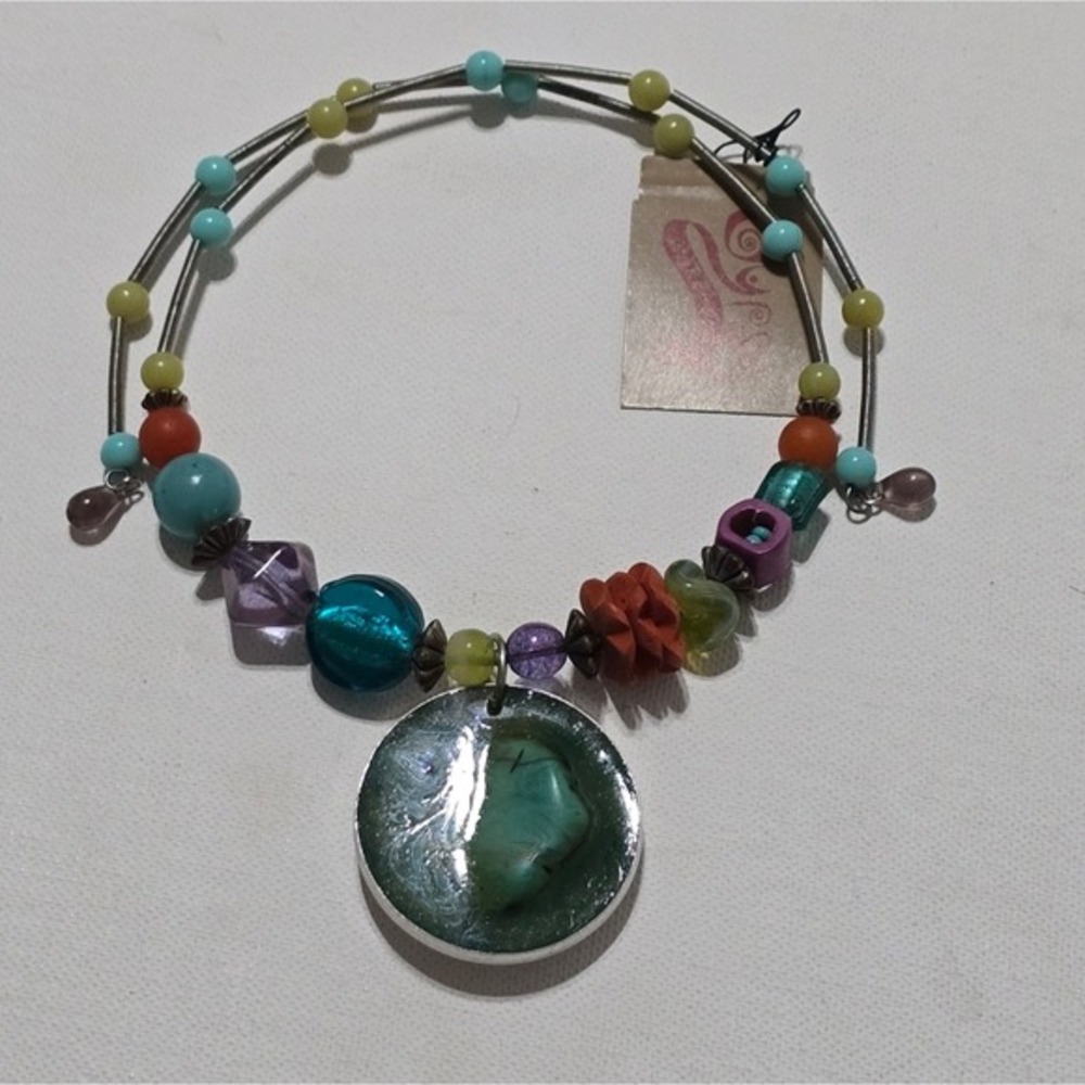 Treska Multicolor Mixed Media Beaded Memory Wire Necklace Boho Resin Pendant